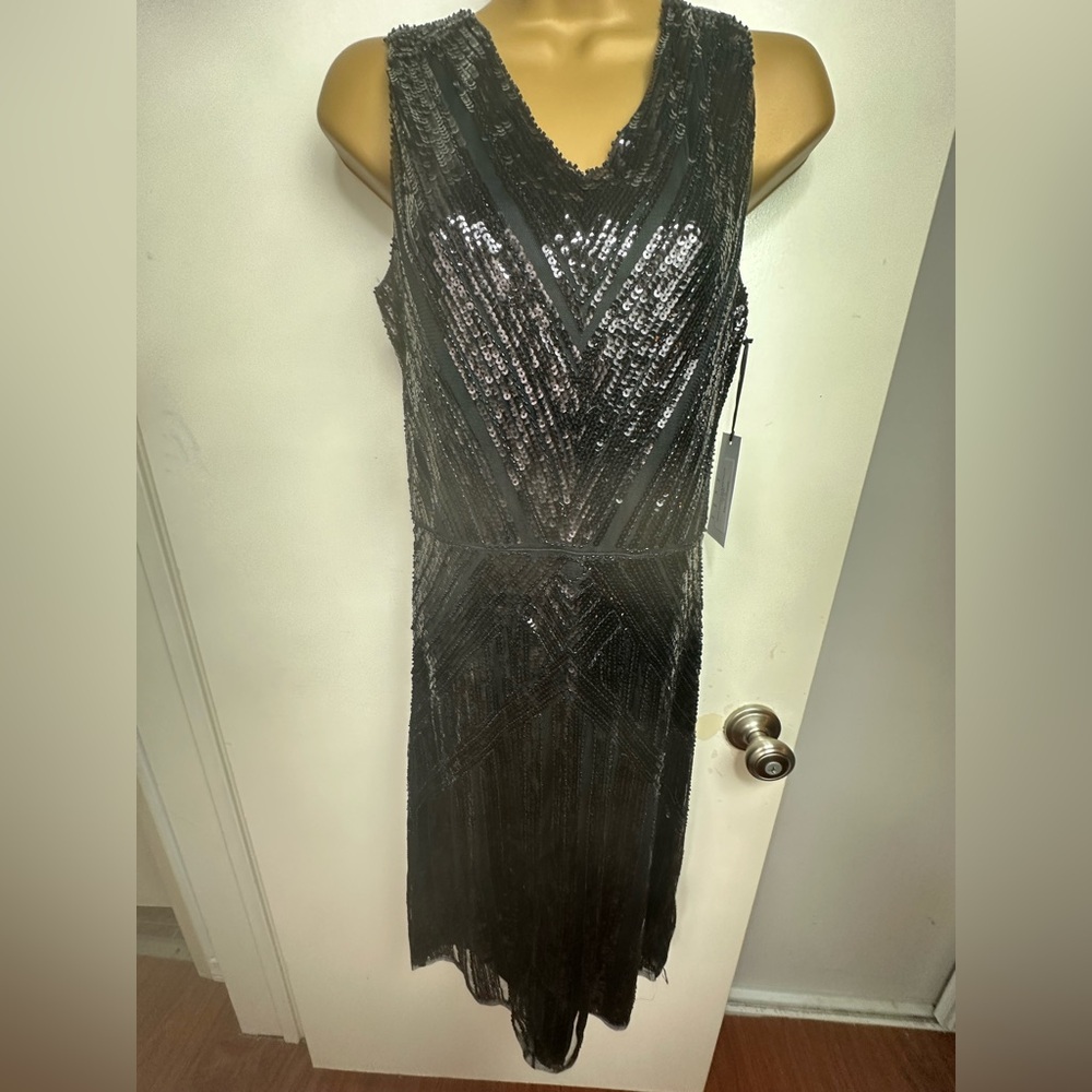 Unique Vintage Black 1920s Flapper Inspired V-Shaped Sequin Cocktail Dress NWT M